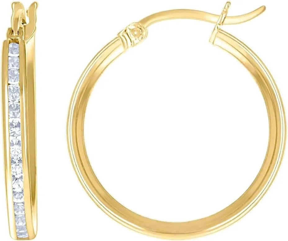 14k Yellow Gold Unisex Single Row CZ Simulated Diamond Huggie Hoop 20mm X 2mm Clip On Earrings-Clip on Earring for Women