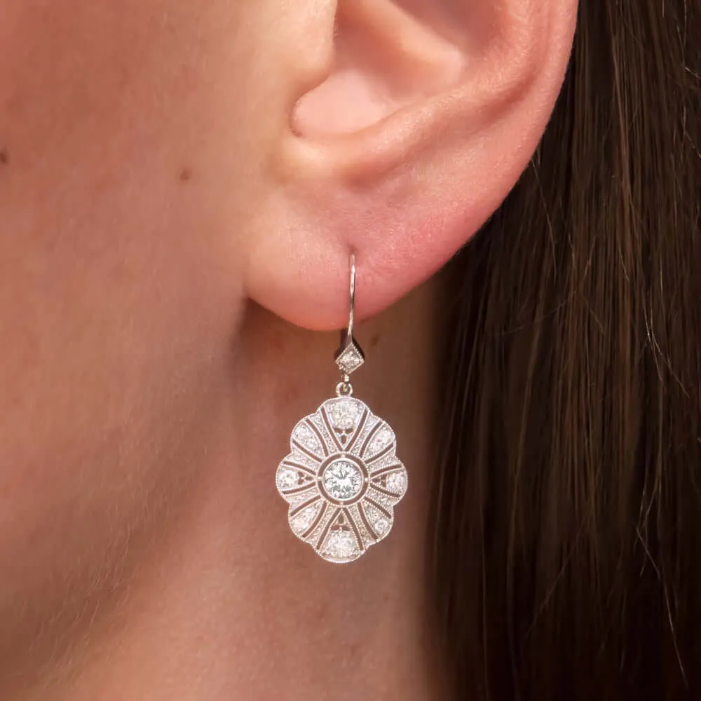1.5ct NATURAL DIAMOND DANGLE EARRINGS VINTAGE STYLE DROP 14k WHITE GOLD