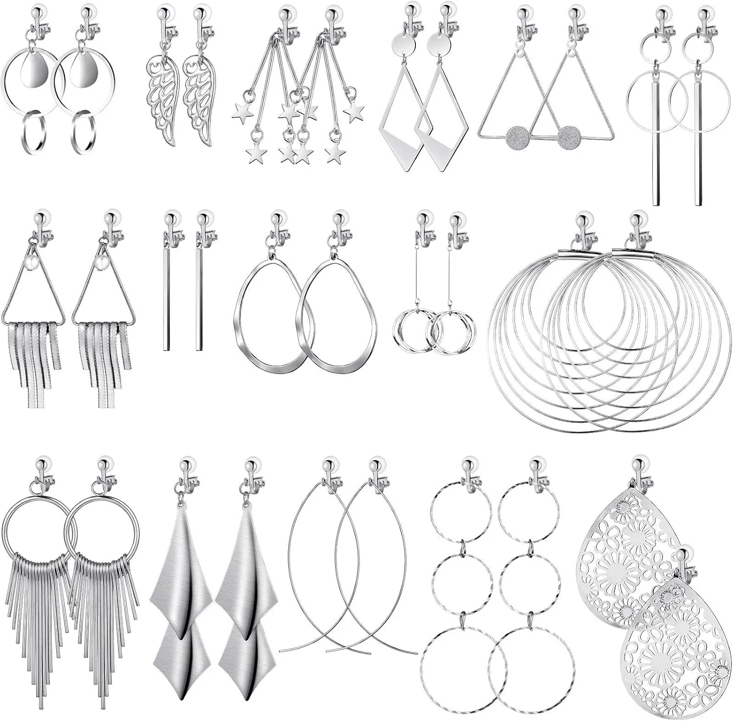 16 Pairs Clip on Earrings Women Jewelry Set Clip on Bohemian Earrings Clip on Hoop Dangle Drop Earrings Geometric Triangle Round Tassel with Rubber Pads Non Piercing Earrings for Women