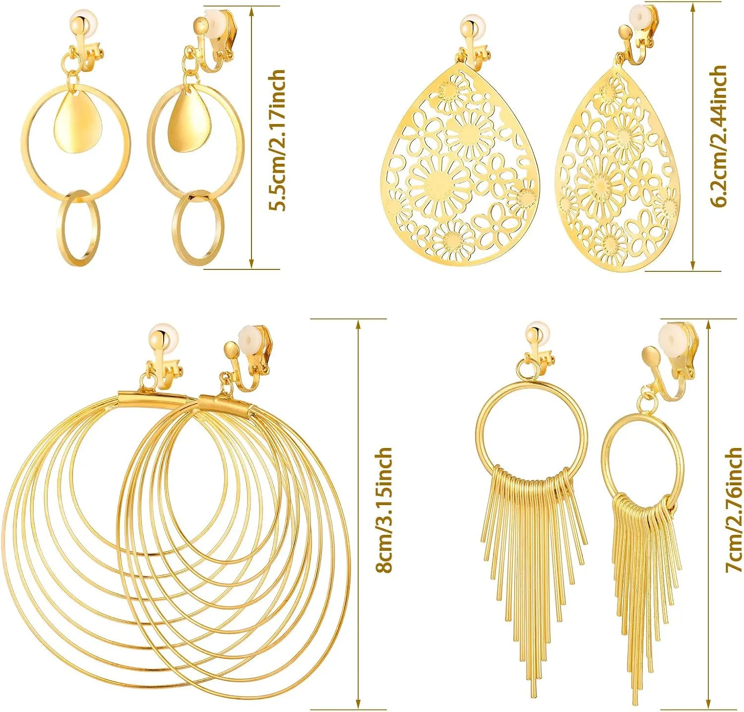 16 Pairs Clip on Earrings Women Jewelry Set Clip on Bohemian Earrings Clip on Hoop Dangle Drop Earrings Geometric Triangle Round Tassel with Rubber Pads Non Piercing Earrings for Women