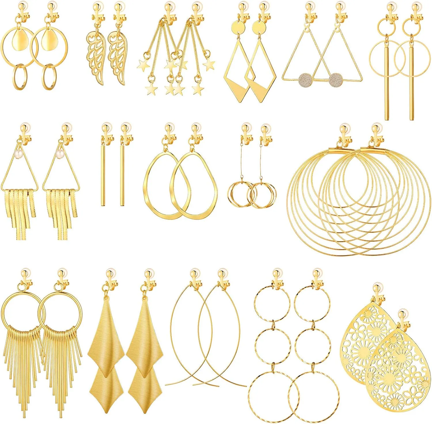 16 Pairs Clip on Earrings Women Jewelry Set Clip on Bohemian Earrings Clip on Hoop Dangle Drop Earrings Geometric Triangle Round Tassel with Rubber Pads Non Piercing Earrings for Women