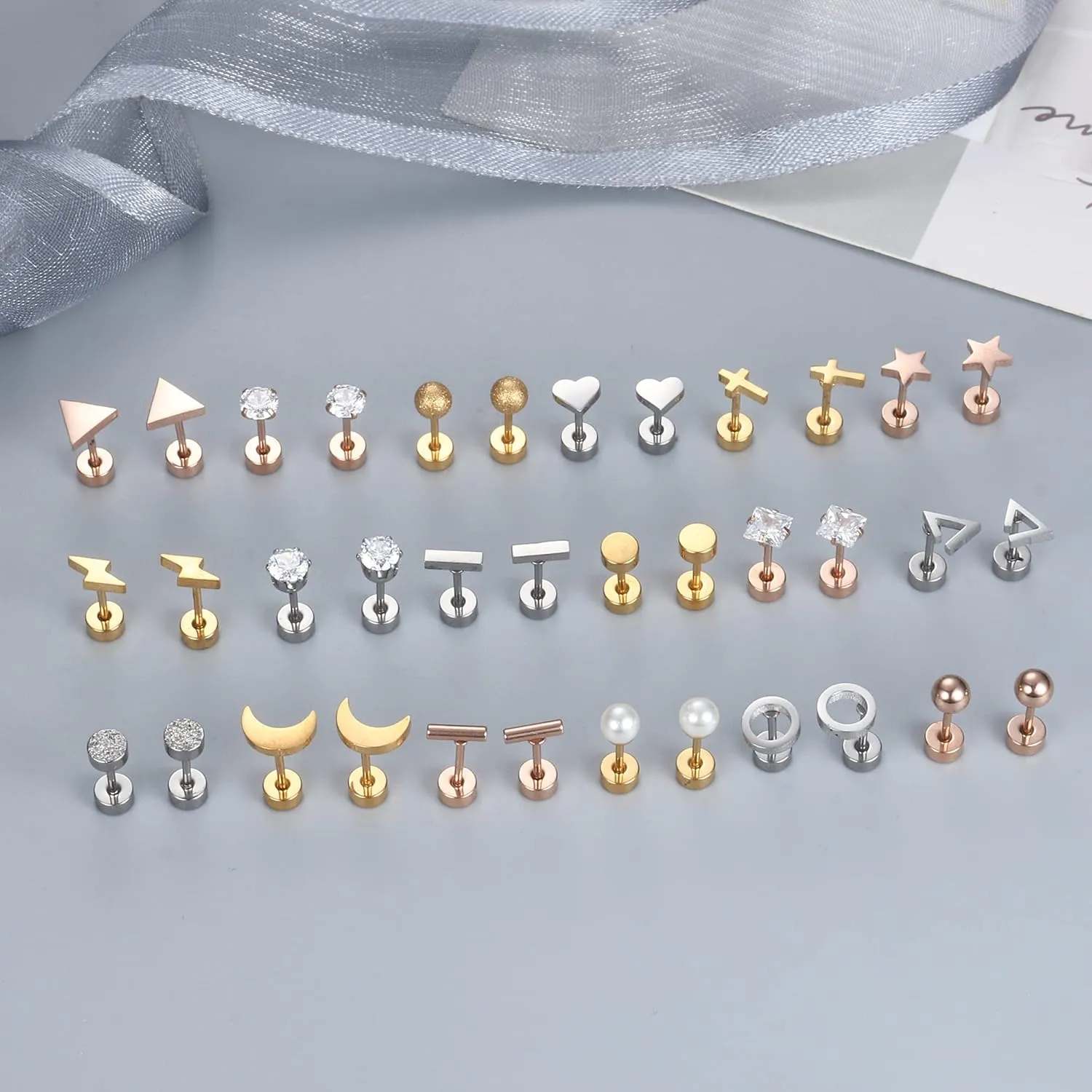 18 Pairs Surgical Stainless Steel Stud Earrings For Women Men 20G Cartilage Earrings Studs Cross Moon Star Small Stud Earrings Black Gold Screw Flat Back Earrings Ear Piercing Studs Set