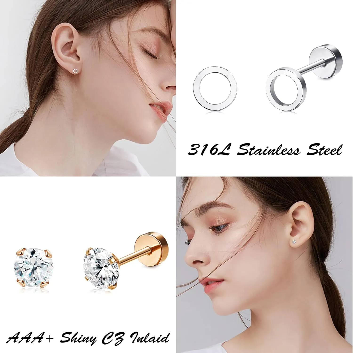 18 Pairs Surgical Stainless Steel Stud Earrings For Women Men 20G Cartilage Earrings Studs Cross Moon Star Small Stud Earrings Black Gold Screw Flat Back Earrings Ear Piercing Studs Set