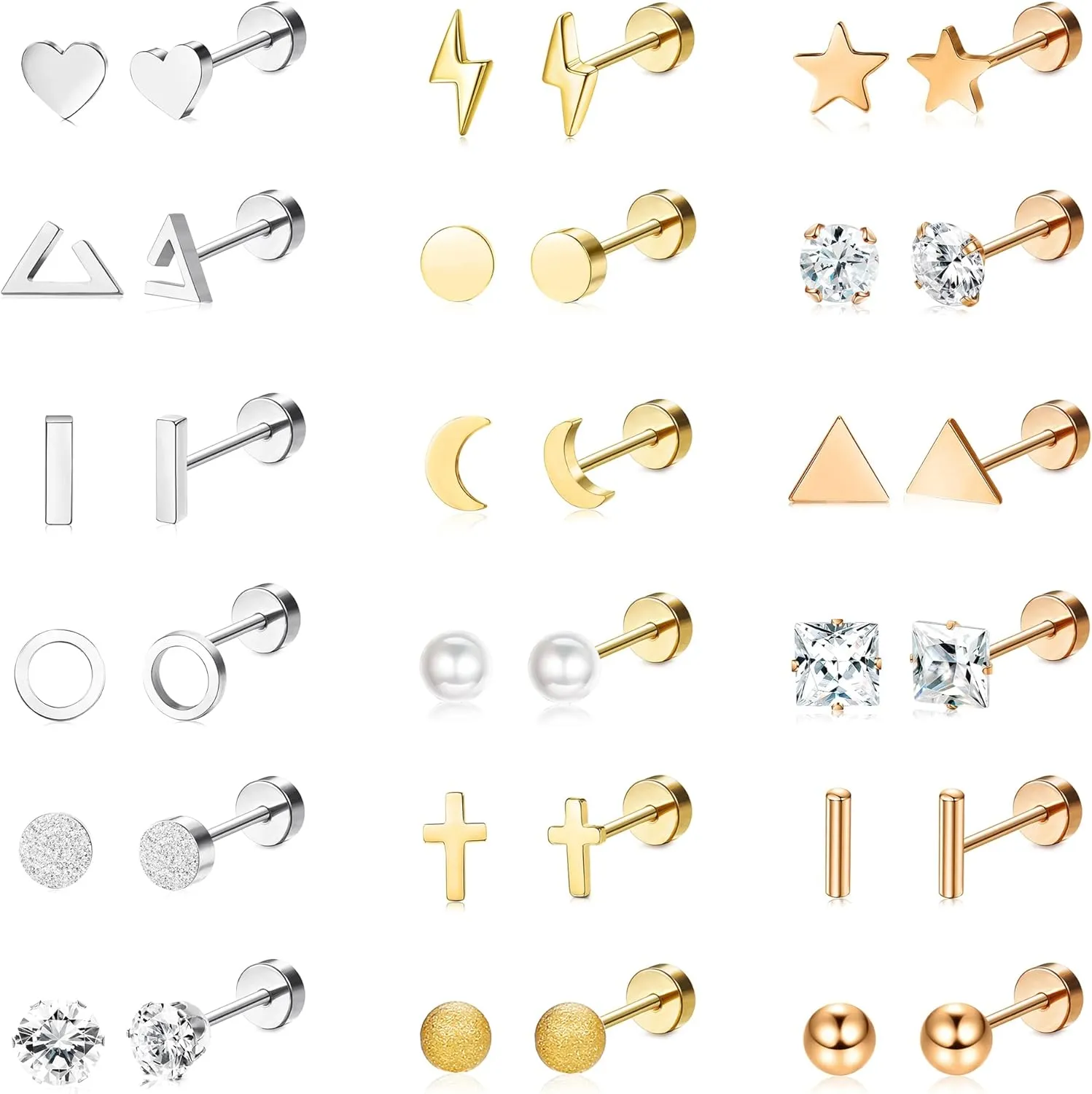 18 Pairs Surgical Stainless Steel Stud Earrings For Women Men 20G Cartilage Earrings Studs Cross Moon Star Small Stud Earrings Black Gold Screw Flat Back Earrings Ear Piercing Studs Set