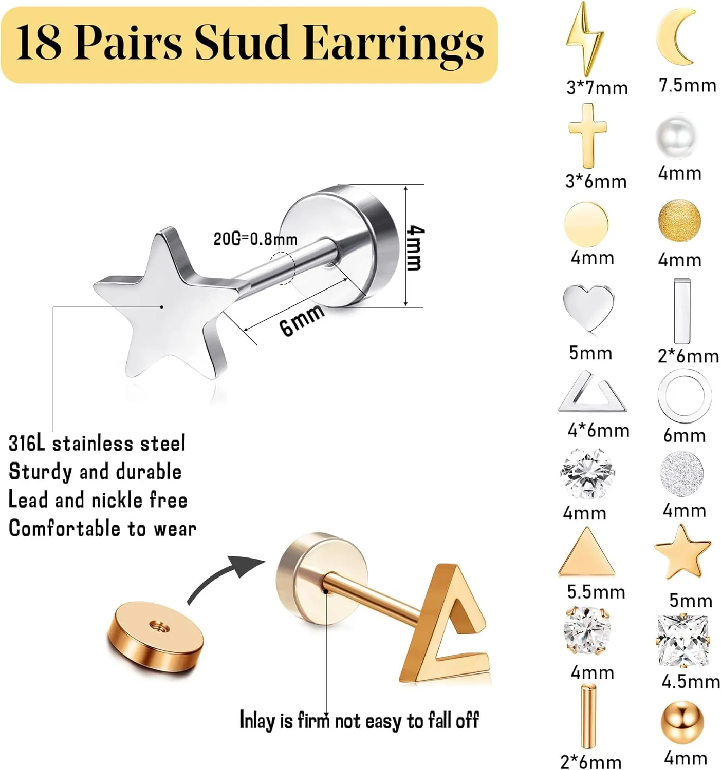 18 Pairs Surgical Stainless Steel Stud Earrings For Women Men 20G Cartilage Earrings Studs Cross Moon Star Small Stud Earrings Black Gold Screw Flat Back Earrings Ear Piercing Studs Set