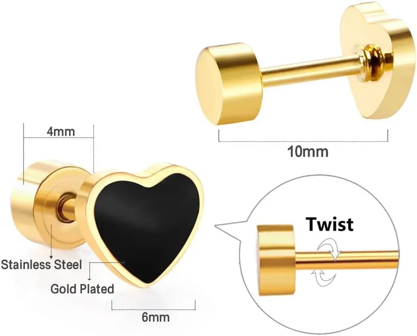 18G Black Enamel Heart Love Screw Back Small Stud Earrings for Women Men Minimalist Surgical Steel Cartilage Tragus Piercing Sleeper Studs Hypoallergenic for Sensitive Ears Valentine's Day Birthday Gift Her Daughter