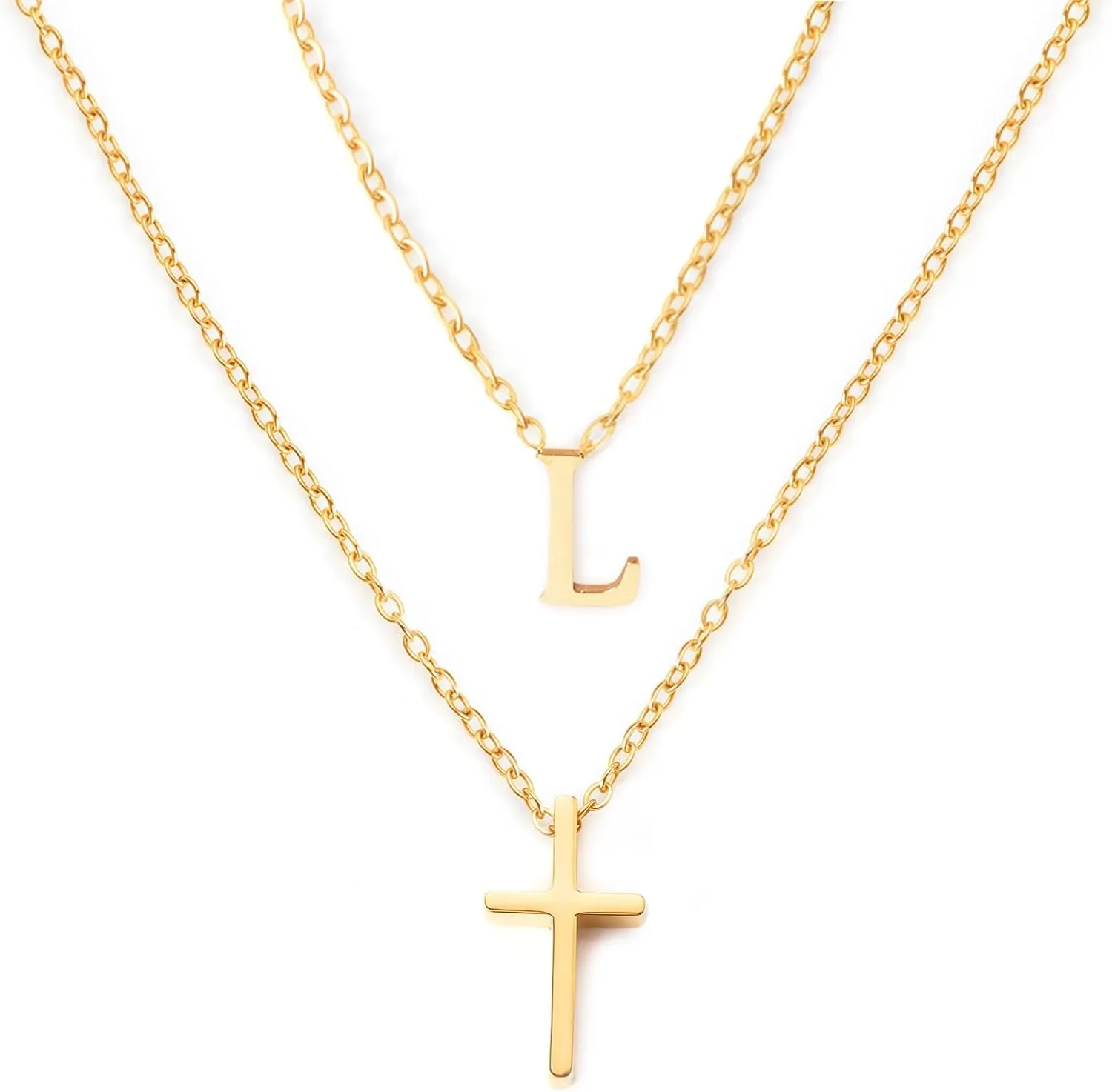 18k Gold Initial and Cross Layered Necklaces for Women Dainty Christian Jewelry Personalized Name Necklace Christian Gift for Her Friendship Elegant Gold Necklace for Women