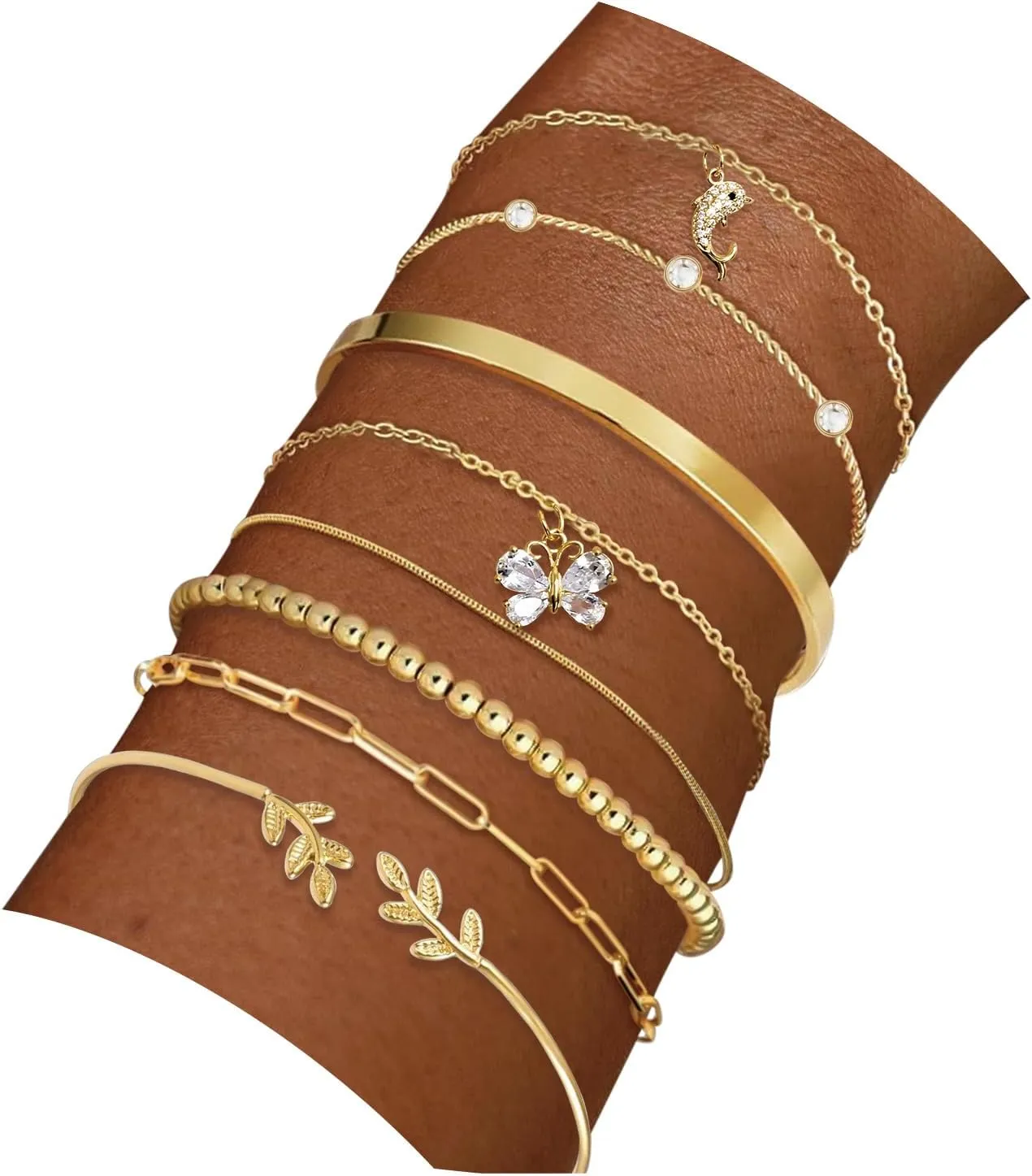 18K Gold Plated Cuff Bangle Bracelets for Women Waterproof, Gold Bracelets Stack Set, Satellite/Paperclip/Beaded/Box/Rope Butterfly&Dolphin Charms, The Leaf of Peace and Gold Cuff Bangle