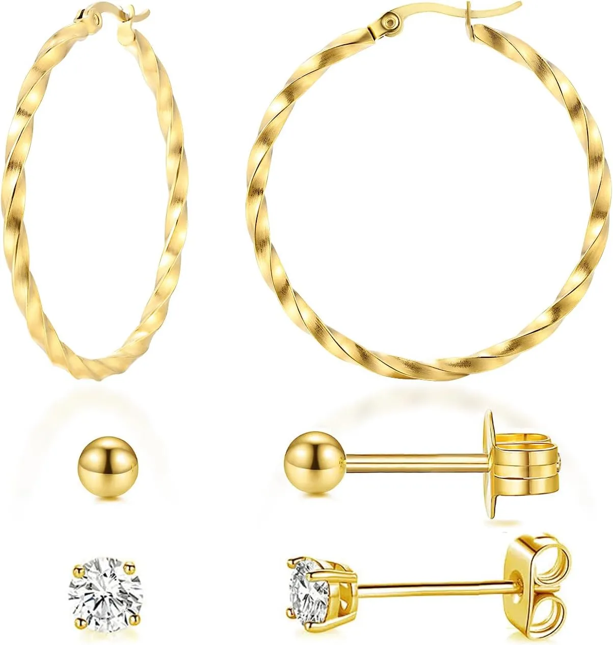 18K Gold Plated Hoop/Stud Earrings Set, 3 Pack Surgical Stainless Steel Huggie/Stud Earrings Jewelry