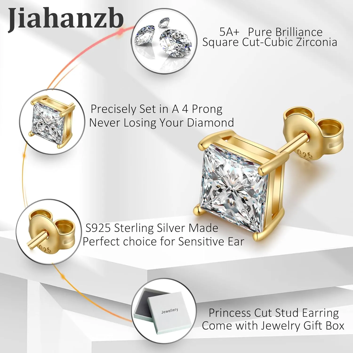 18K White Gold Plated 925 Sterling Silver Princess Cut Cubic Zirconia Stud Earrings Square Simulated Diamond CZ Stud Earrings for Women Men Hypoallergenic 4MM-8MM