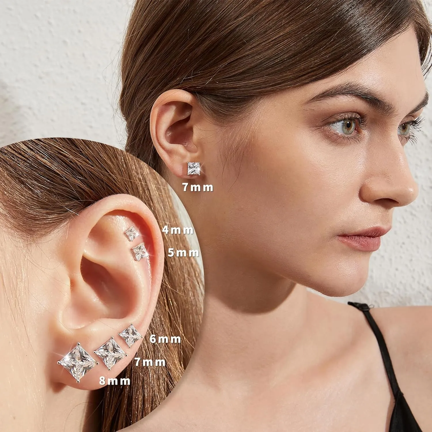 18K White Gold Plated 925 Sterling Silver Princess Cut Cubic Zirconia Stud Earrings Square Simulated Diamond CZ Stud Earrings for Women Men Hypoallergenic 4MM-8MM
