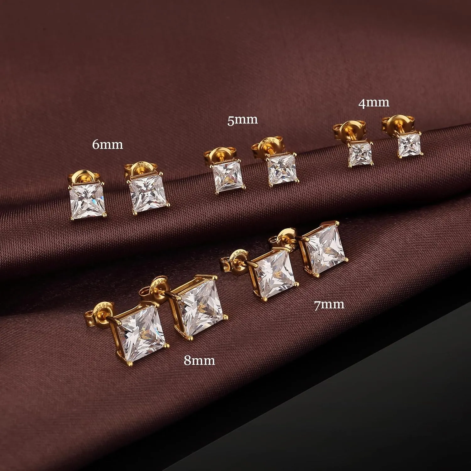 18K White Gold Plated 925 Sterling Silver Princess Cut Cubic Zirconia Stud Earrings Square Simulated Diamond CZ Stud Earrings for Women Men Hypoallergenic 4MM-8MM