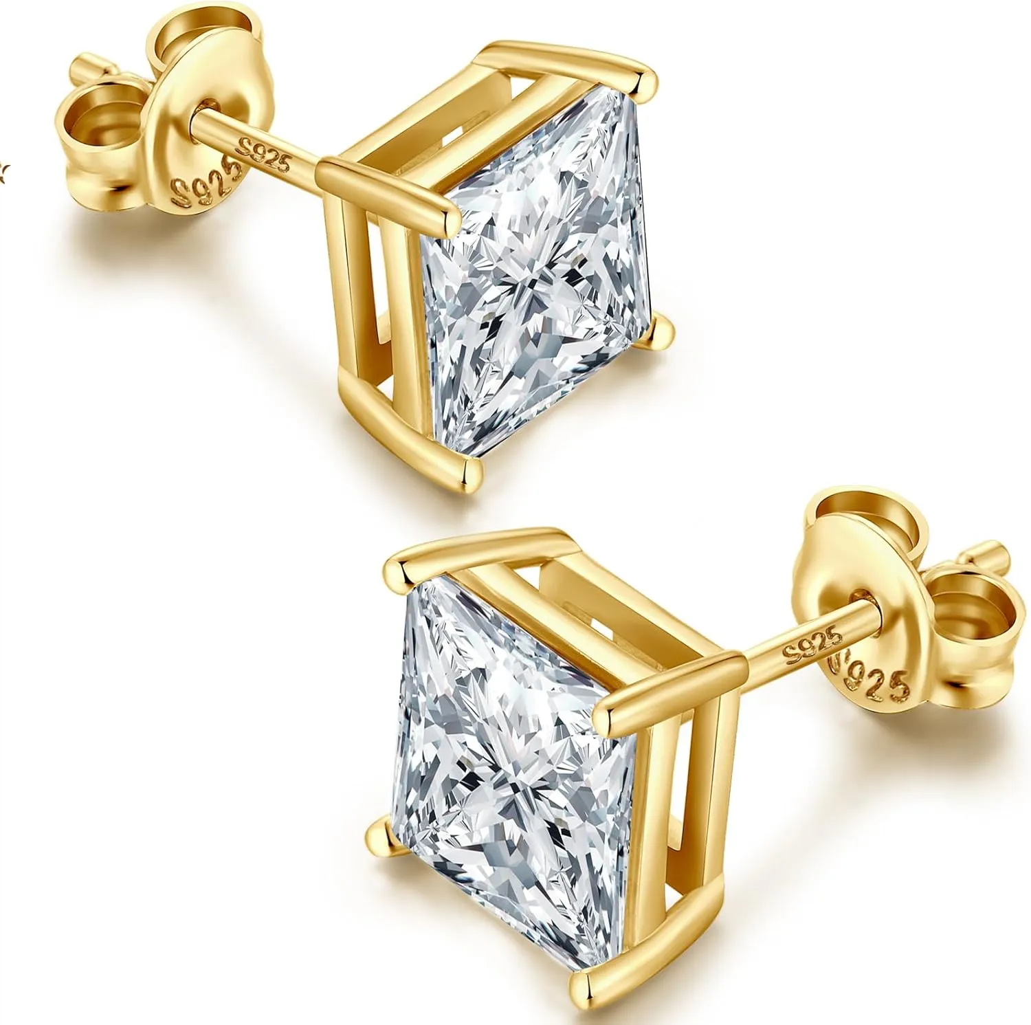 18K White Gold Plated 925 Sterling Silver Princess Cut Cubic Zirconia Stud Earrings Square Simulated Diamond CZ Stud Earrings for Women Men Hypoallergenic 4MM-8MM