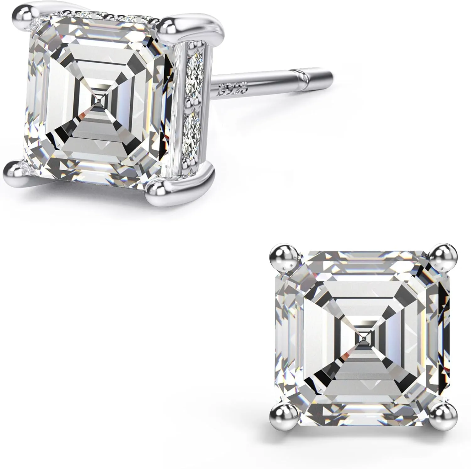 18K White Gold Plated Sterling Silver Asscher Cut Cubic Zirconia Stud Earrings for Women Men | Square CZ Stud Earrings Simulated Diamond Earrings Studs