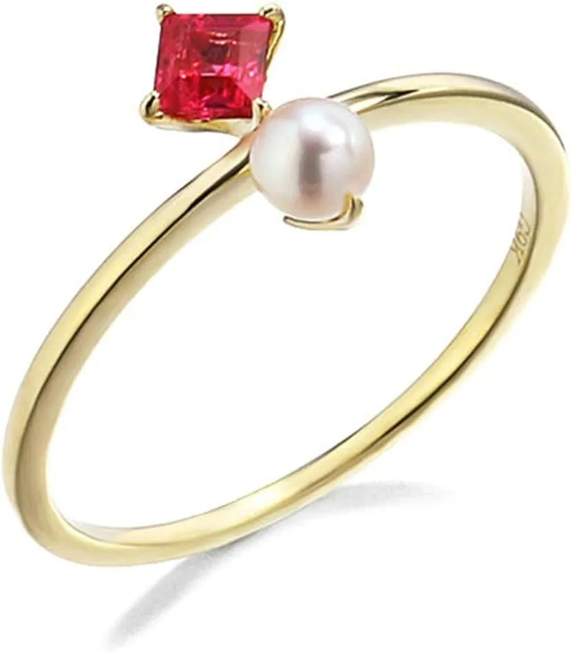 18K Yellow Gold Wedding Bands for Women Square Shape Red Ruby Wedding Bands Gold
