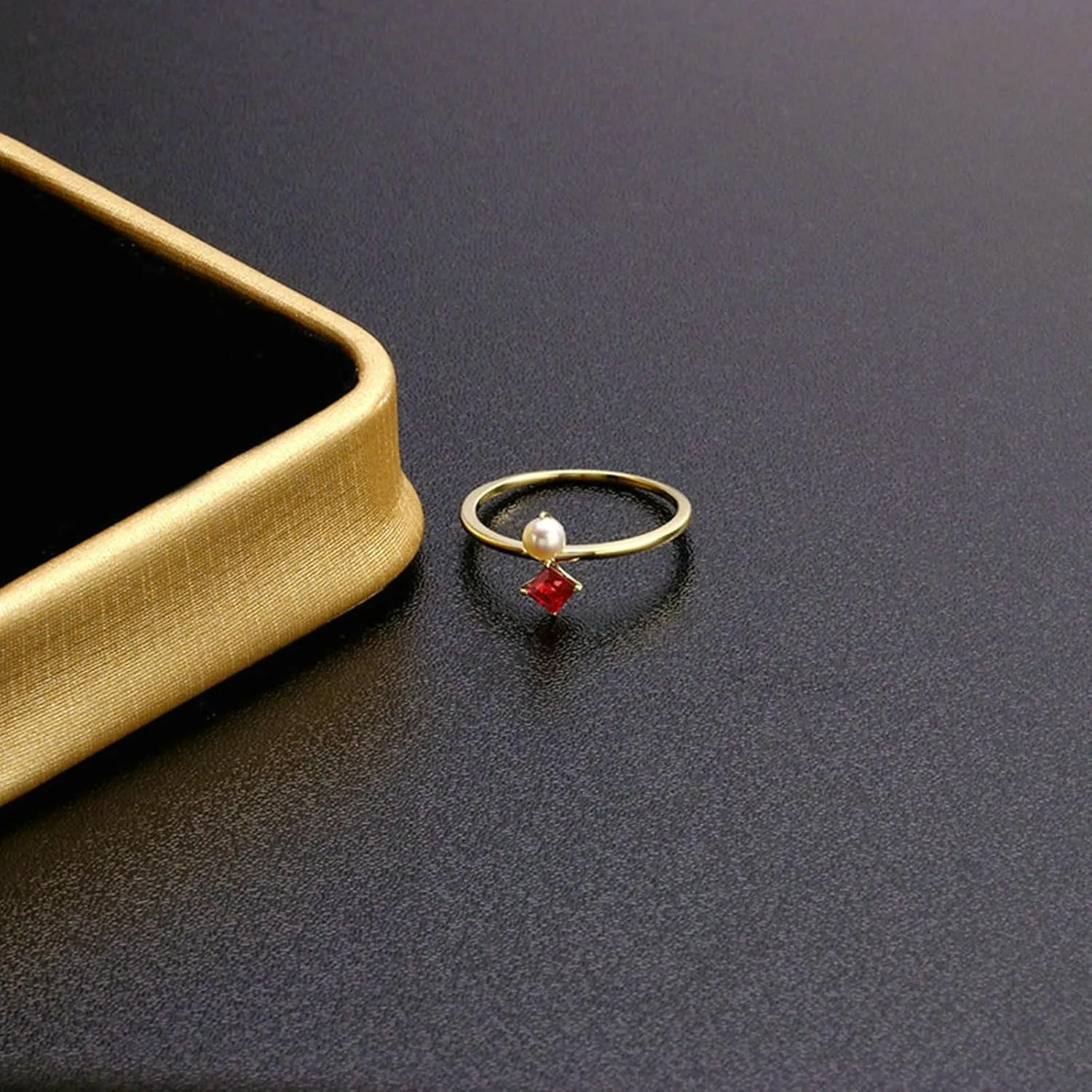 18K Yellow Gold Wedding Bands for Women Square Shape Red Ruby Wedding Bands Gold