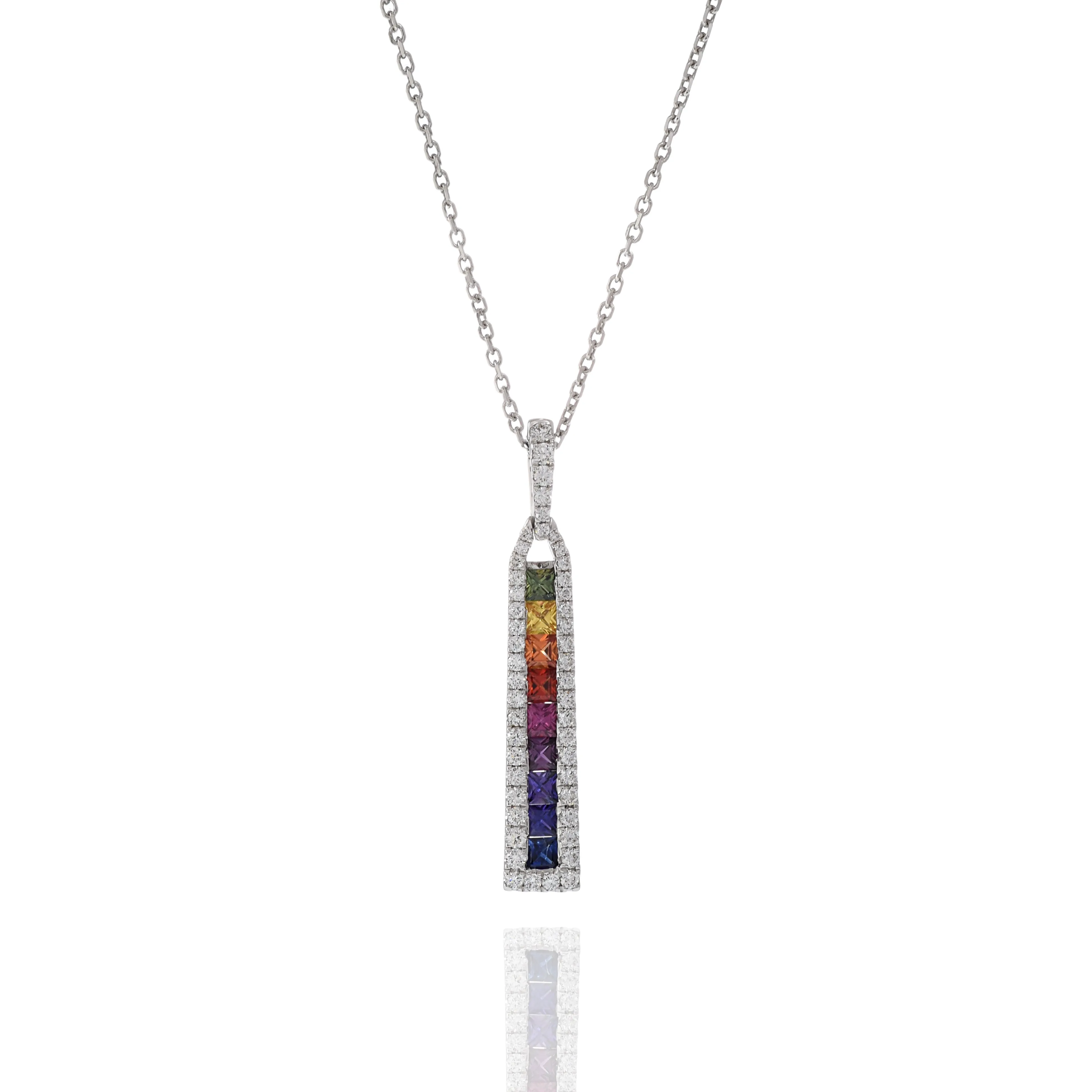 18KT White Gold Multi Color Sapphire And Diamond Bar Necklace