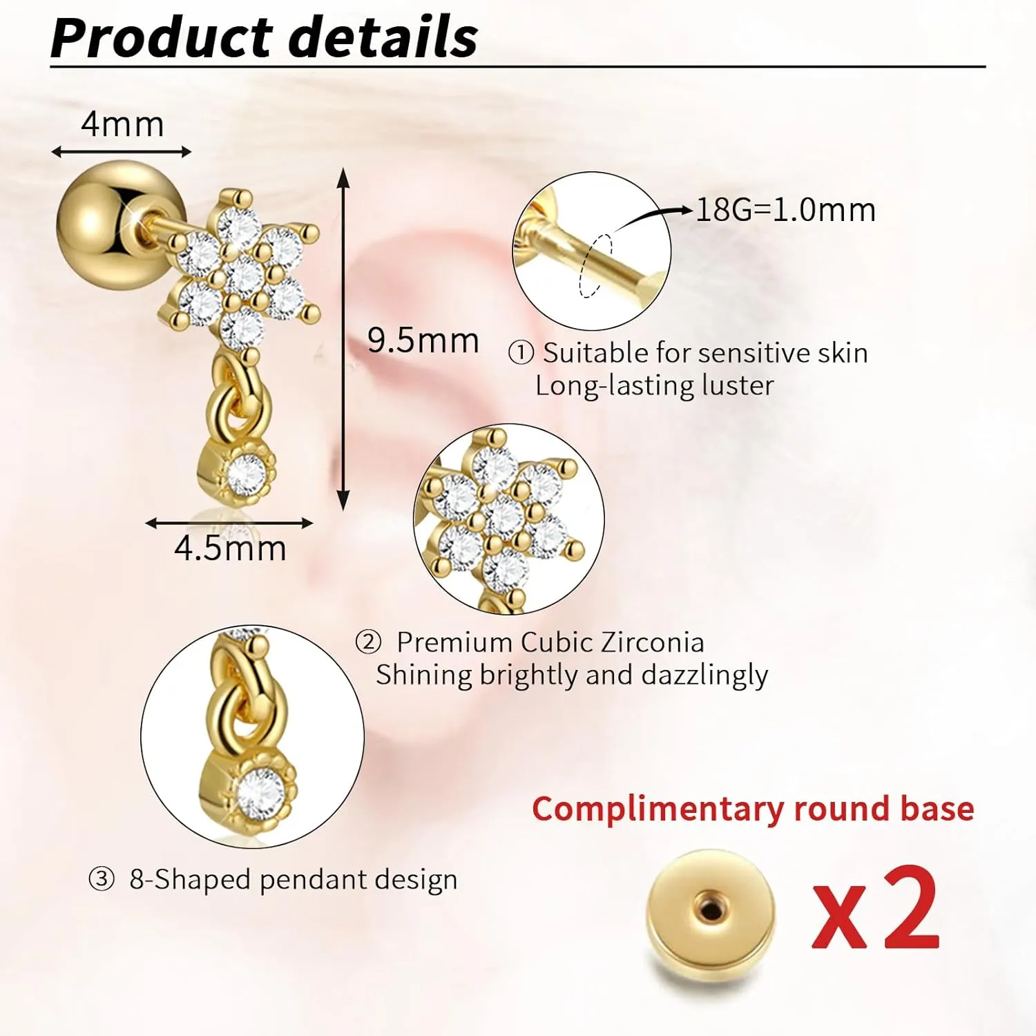 1Pair 14k Gold Flat Back Stud Earrings for Women 316L Surgical Stainless Steel Hypoallergenic Stud Earrings Cubic Zirconia Lobe Earrings Piercing Jewellery