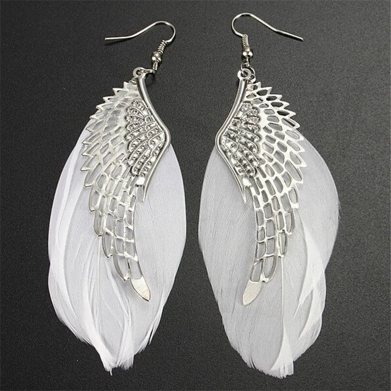 1Pair Feather Earrings Fashion Vintage Feather Angel Wind Stassel Long Drop Dangle Hook Earrings For Women Earrings Party Gifts