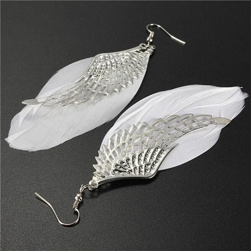 1Pair Feather Earrings Fashion Vintage Feather Angel Wind Stassel Long Drop Dangle Hook Earrings For Women Earrings Party Gifts