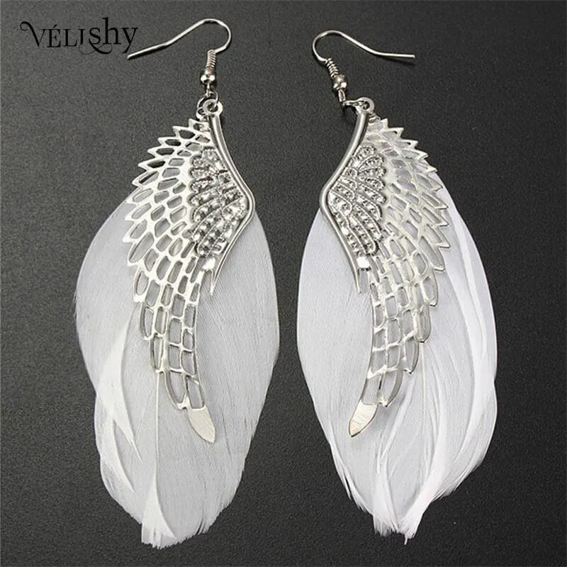 1Pair Feather Earrings Fashion Vintage Feather Angel Wind Stassel Long Drop Dangle Hook Earrings For Women Earrings Party Gifts