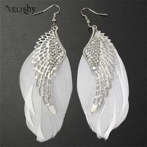 1Pair Feather Earrings Fashion Vintage Feather Angel Wind Stassel Long Drop Dangle Hook Earrings For Women Earrings Party Gifts