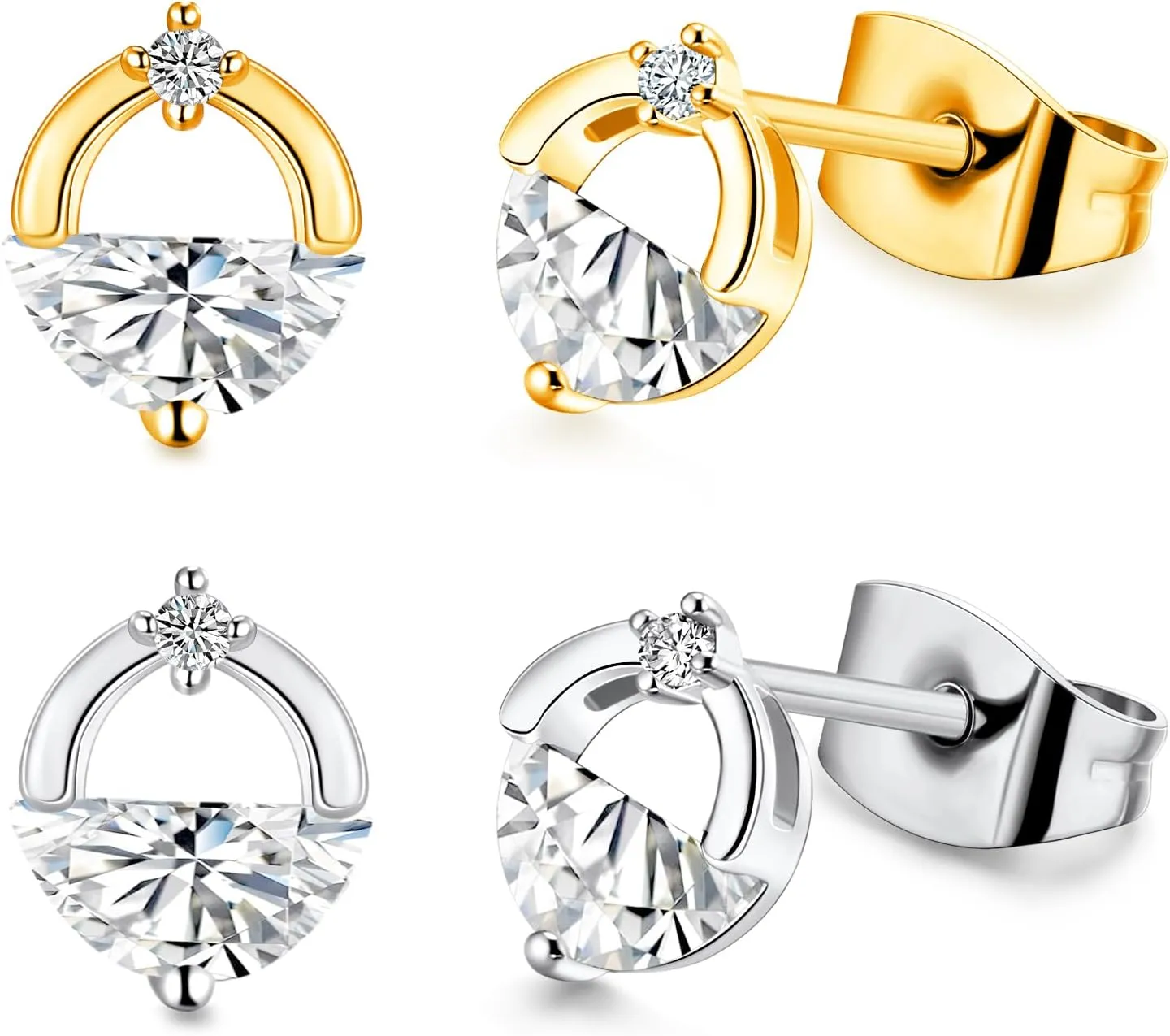 2 Pairs Cubic Zirconia Stud Earrings Set for Women, Cute Hypoallergenic Earrings Studs, Semi-circular Gold & Silver