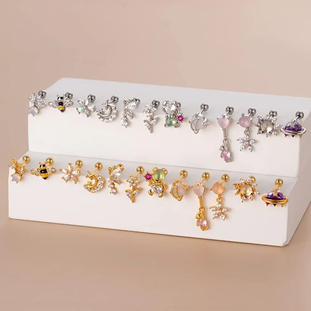 20g Bee Cubic Zirconia Ear Cartilage Helix Surgical Stainless Steel Stud Earrings for Women Girls Huggie CZ Crystal Animal Screw Backs Ear Tragus Auricle Nose Lip Hypoallergenic Piercing Jewelry Gifts Best Friend Daughter Birthday Xmas