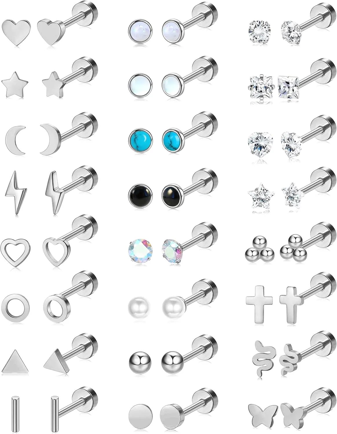 24 Pairs Flat Back Earrings Hypoallergenic Surgical Stainless Steel Earrings Set Small Gold Plated Flat Back Stud Earrings for Women Men Tiny Cartilage Helix Screw Back Flatback Earrings Studs