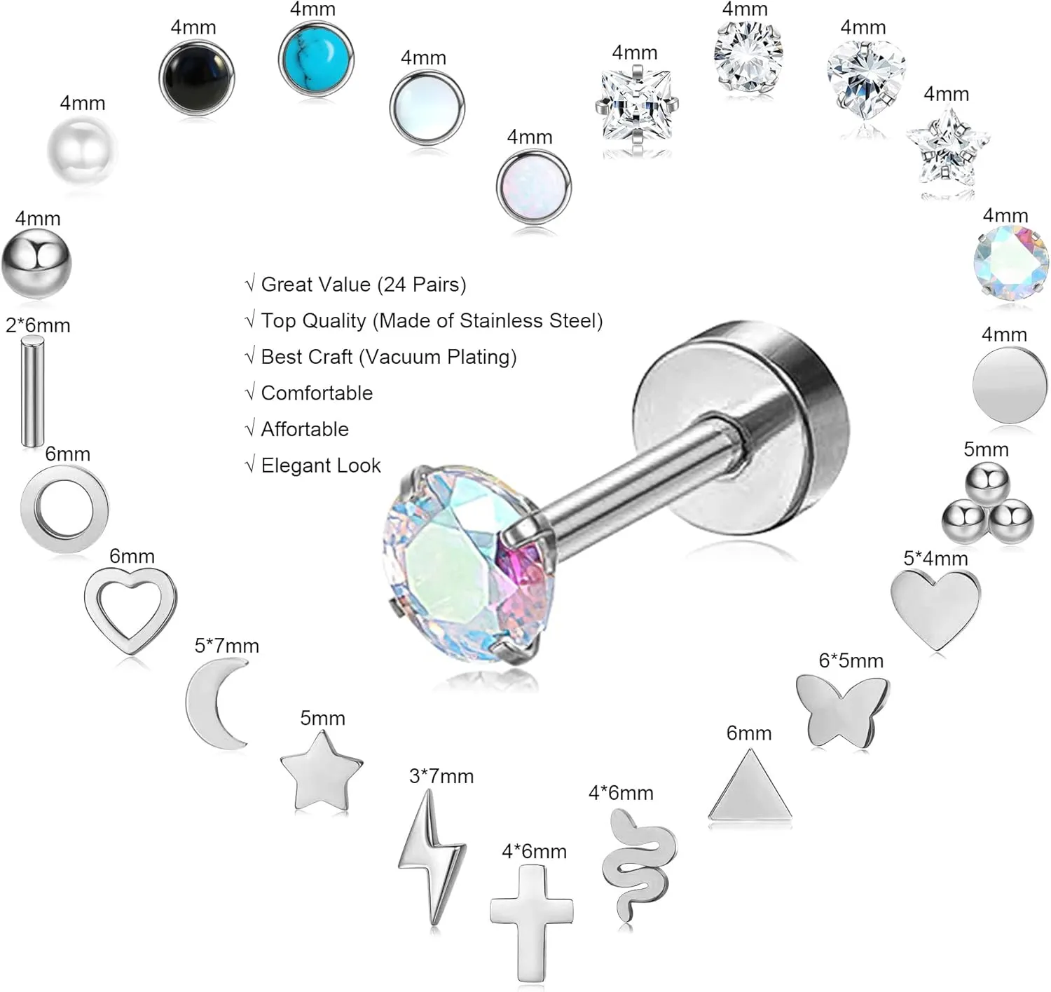 24 Pairs Flat Back Earrings Hypoallergenic Surgical Stainless Steel Earrings Set Small Gold Plated Flat Back Stud Earrings for Women Men Tiny Cartilage Helix Screw Back Flatback Earrings Studs