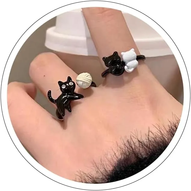 2Pcs Cute Cat Ring for Women Adjustable Open Kitten Ring Black Animal Ring Trendy Metal Animal Statement Rings Creative Thumb Finger Rings Cat Lover Gifts Birthday Christmas Jewelry Gift