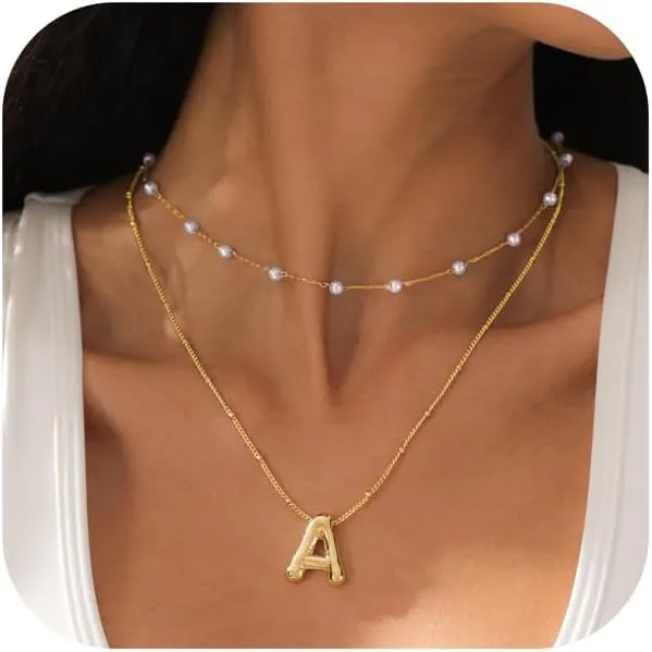 2PCS Gold Bubble Letter Necklace Pearl Necklaces For Women Gold Initial Name Layered Friendship Dainty Gold Necklace Birthday Gifts For Women
