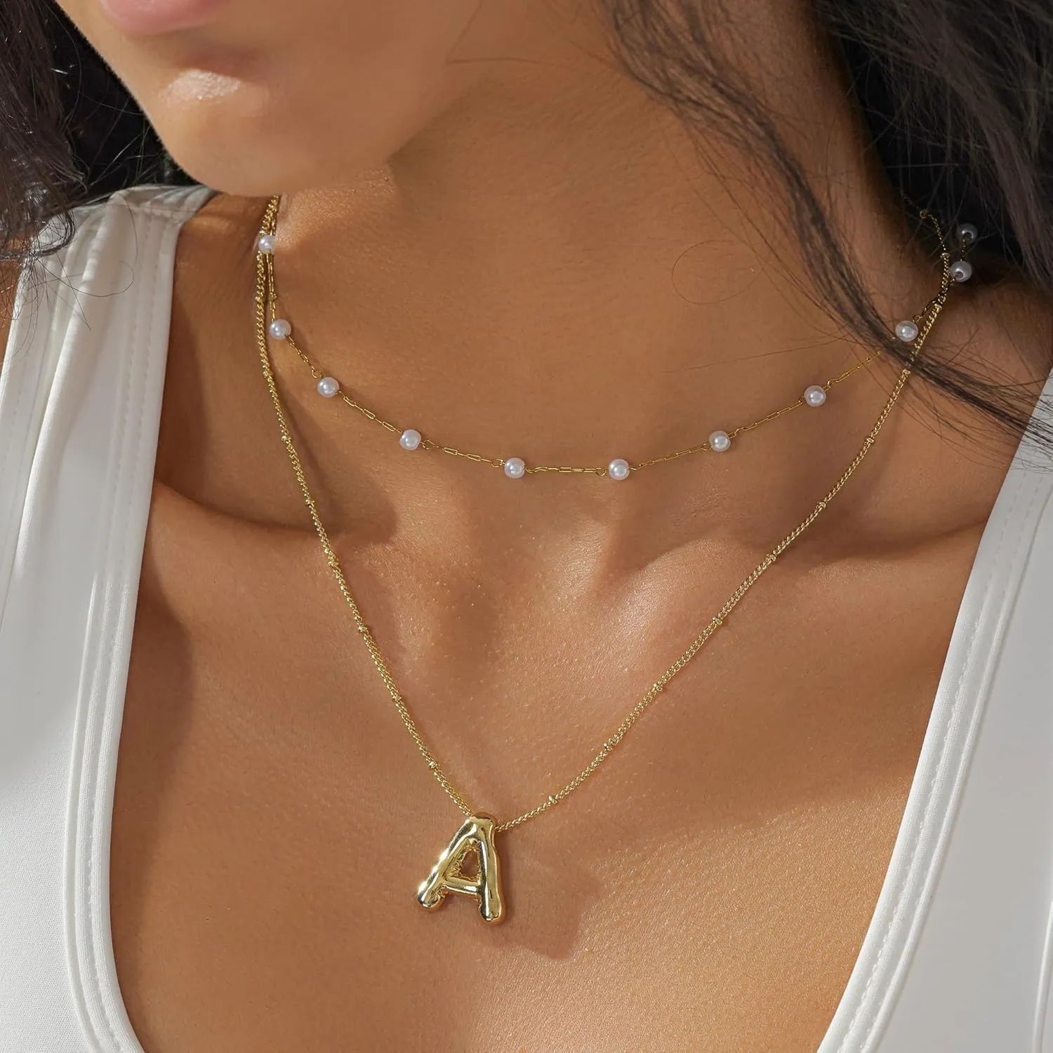 2PCS Gold Bubble Letter Necklace Pearl Necklaces For Women Gold Initial Name Layered Friendship Dainty Gold Necklace Birthday Gifts For Women