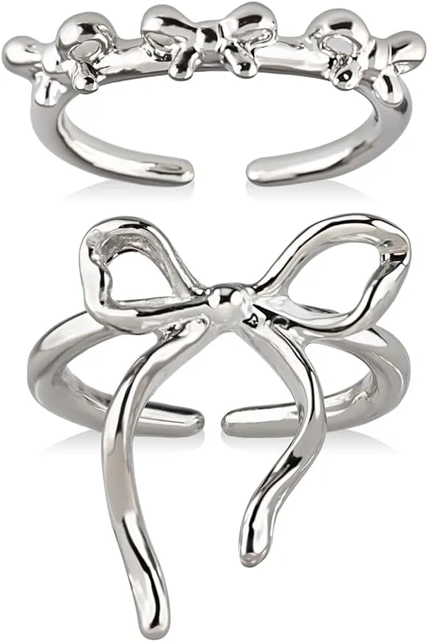 2pcs Silver Bow Ring,Finger Rings Wedding Rings,Silver Rings Open Adjustable Rings,Cute Rings Bow Rings for Women,Mothers Day Valentines Day Wedding Anniversary Birthday Gifts