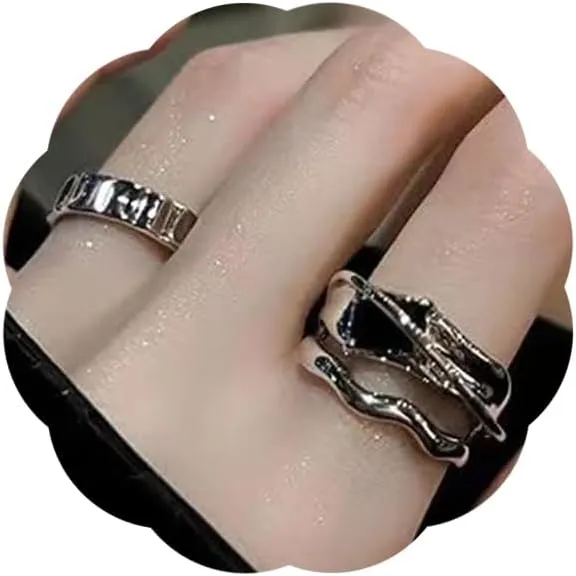2Pcs Y2k Rings for Women Black Silver Punk Grunge Goth Statement Rings Fashion Twist Rings Adjustable Open Ring Irregular Intertwined Crossover Stacking Rings Cute Christmas Birthday Gift