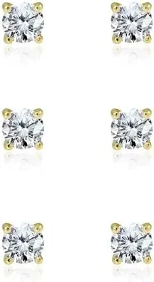 3-Pair Set Sterling Silver Cubic Zirconia 3mm Small Round Stud Earrings