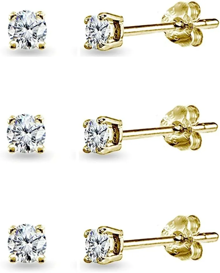3-Pair Set Sterling Silver Cubic Zirconia 3mm Small Round Stud Earrings