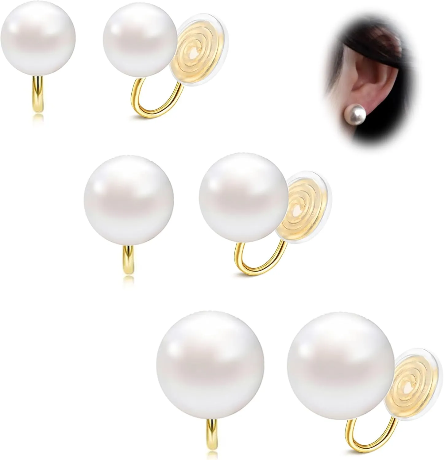 3 Pairs Pearl Clip On Earrings Women Gold Fake Earrings Clip On Pearl Earrings Non Pierced Earrings Clip Earrings Simulated Pearl Clip-On Earrings 8mm 10mm 12mm