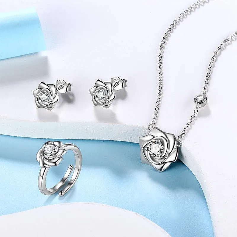3D Flower Rose Jewelry Set Necklace Earrings Ring Women Girls Birthday Gifts Sterling Silver