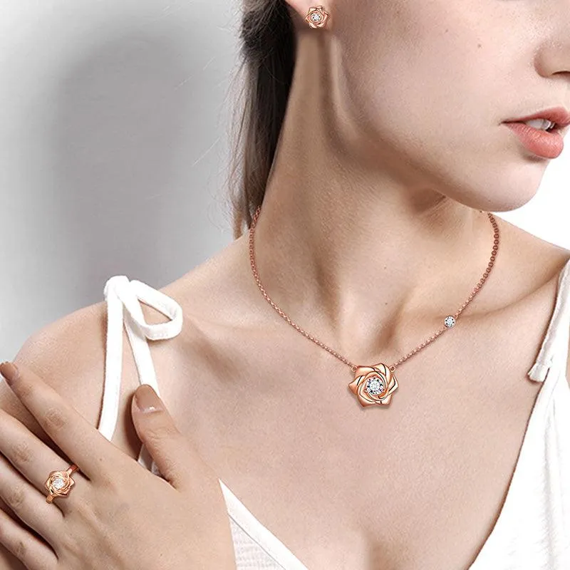 3D Flower Rose Jewelry Set Necklace Earrings Ring Women Girls Birthday Gifts Sterling Silver