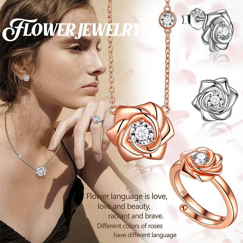 3D Flower Rose Jewelry Set Necklace Earrings Ring Women Girls Birthday Gifts Sterling Silver