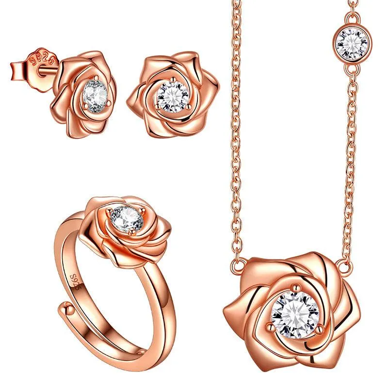 3D Flower Rose Jewelry Set Necklace Earrings Ring Women Girls Birthday Gifts Sterling Silver