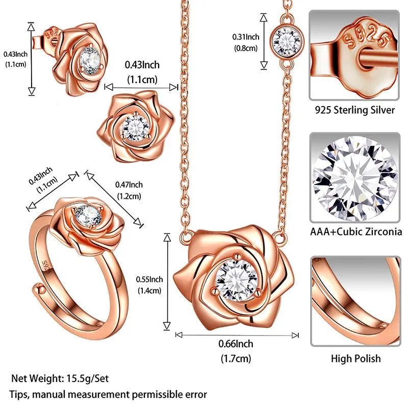 3D Flower Rose Jewelry Set Necklace Earrings Ring Women Girls Birthday Gifts Sterling Silver