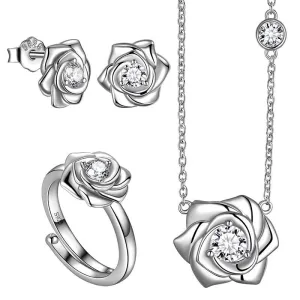 3D Flower Rose Jewelry Set Necklace Earrings Ring Women Girls Birthday Gifts Sterling Silver