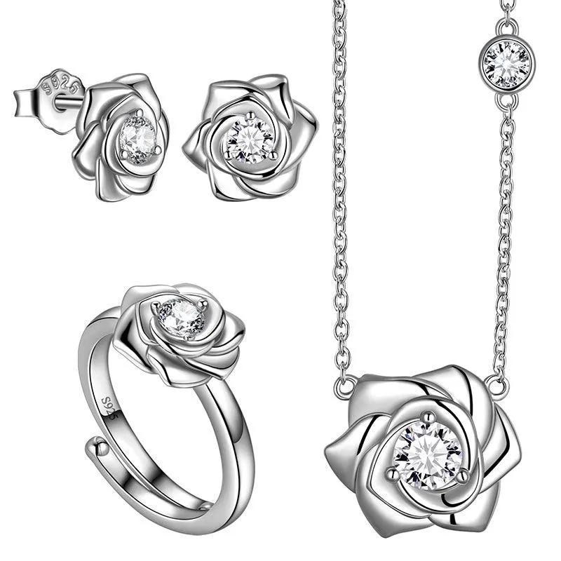 3D Flower Rose Jewelry Set Necklace Earrings Ring Women Girls Birthday Gifts Sterling Silver