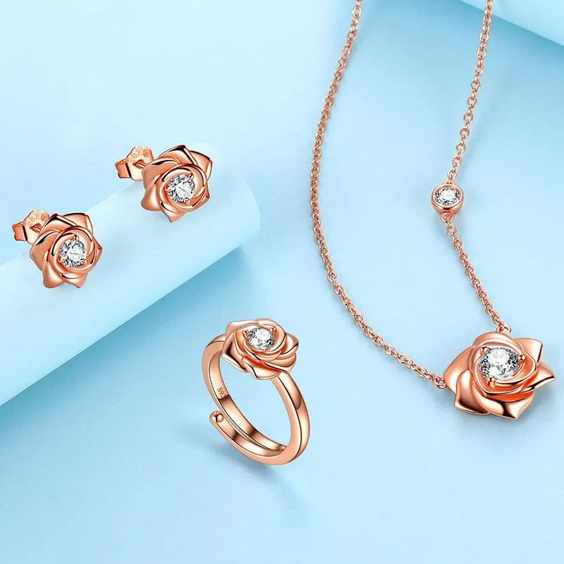 3D Flower Rose Jewelry Set Necklace Earrings Ring Women Girls Birthday Gifts Sterling Silver