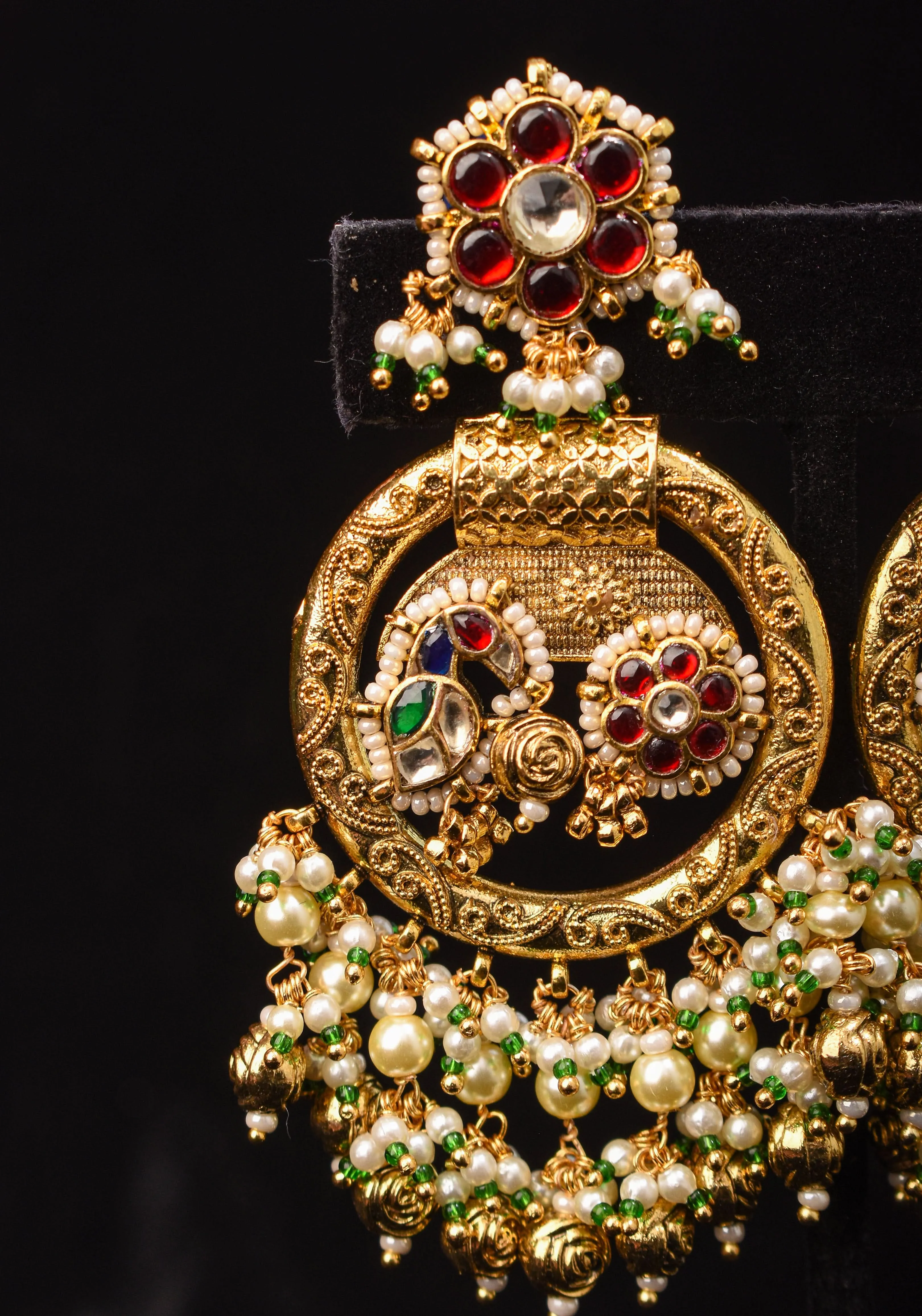 3" Chandbali Earrings with Peacock and flower embedded in Jadau technique and dangling beads