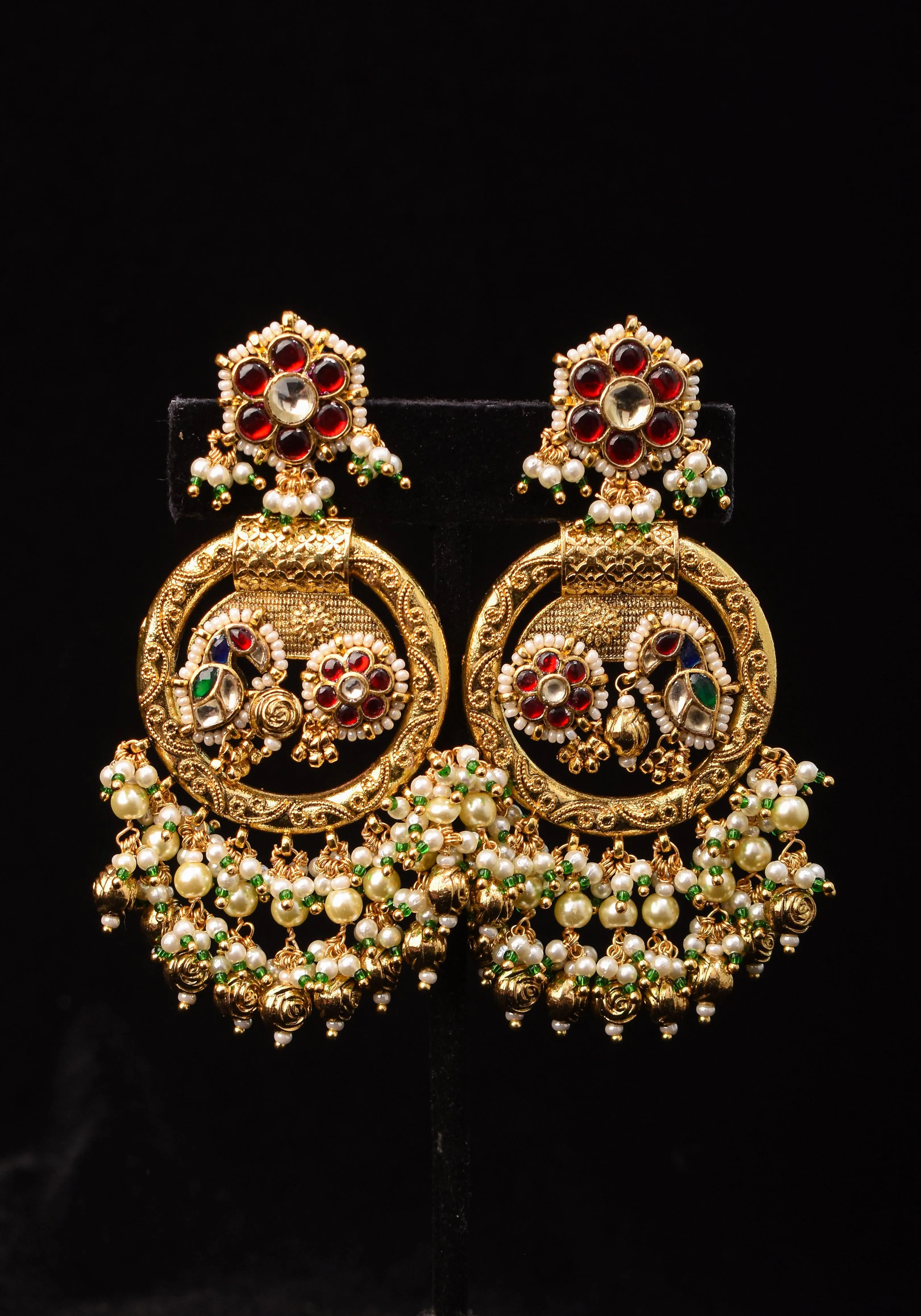 3" Chandbali Earrings with Peacock and flower embedded in Jadau technique and dangling beads