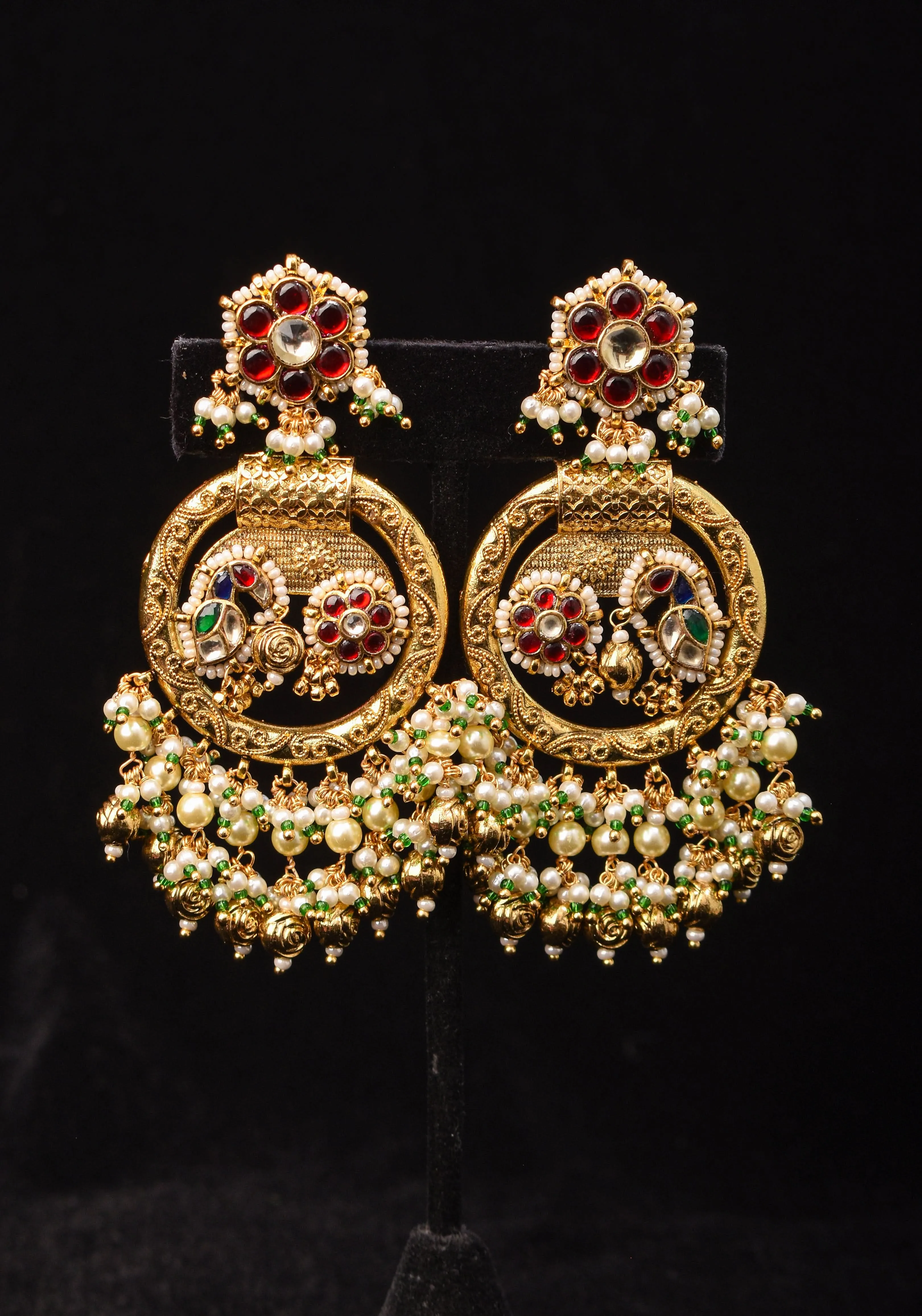 3" Chandbali Earrings with Peacock and flower embedded in Jadau technique and dangling beads