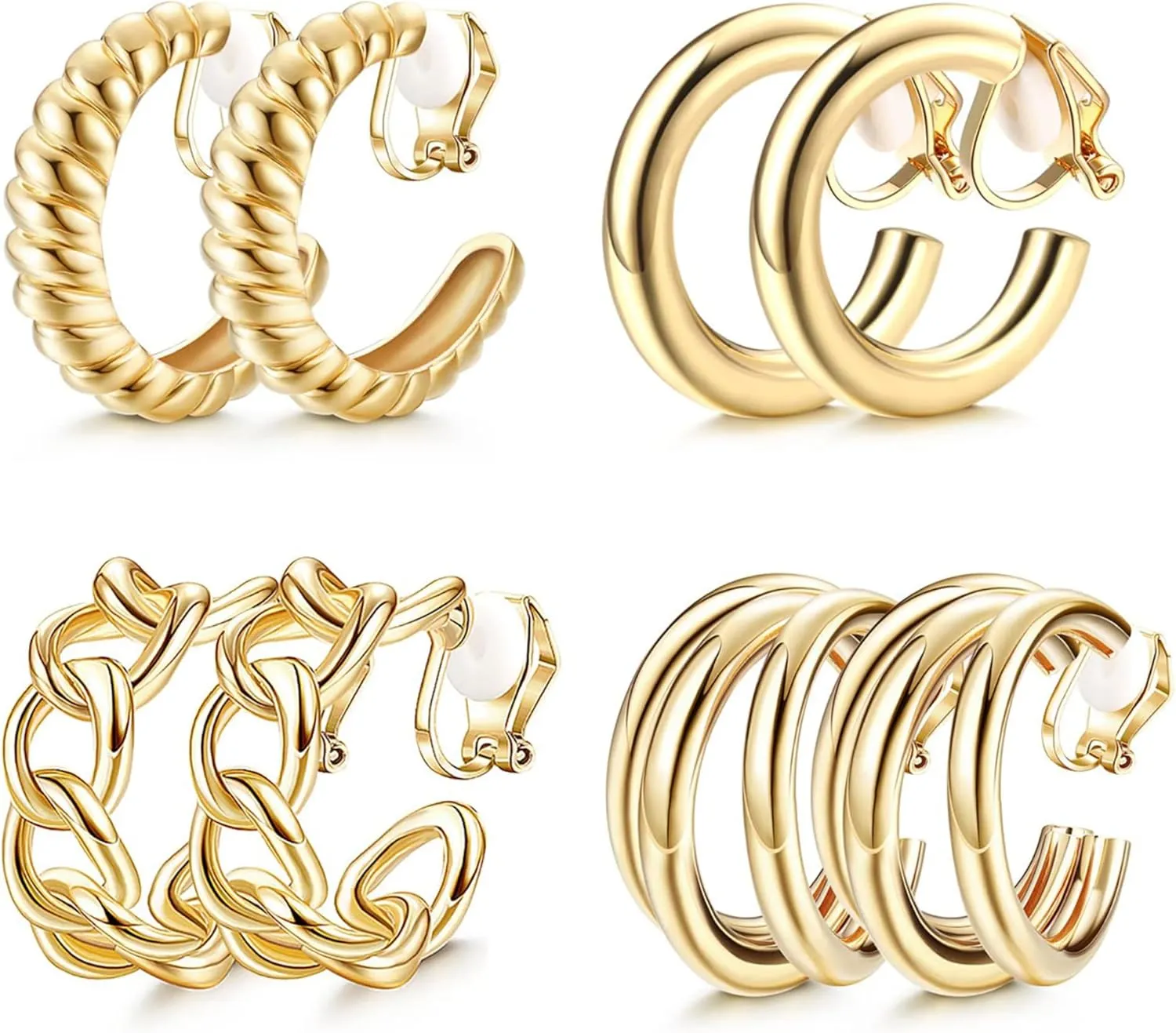 4 Pairs Clip On Earrings for Women, Non-Pierced Gold Clip On Hoop Earrings Set, Stylish Geometric Fake Jewelry